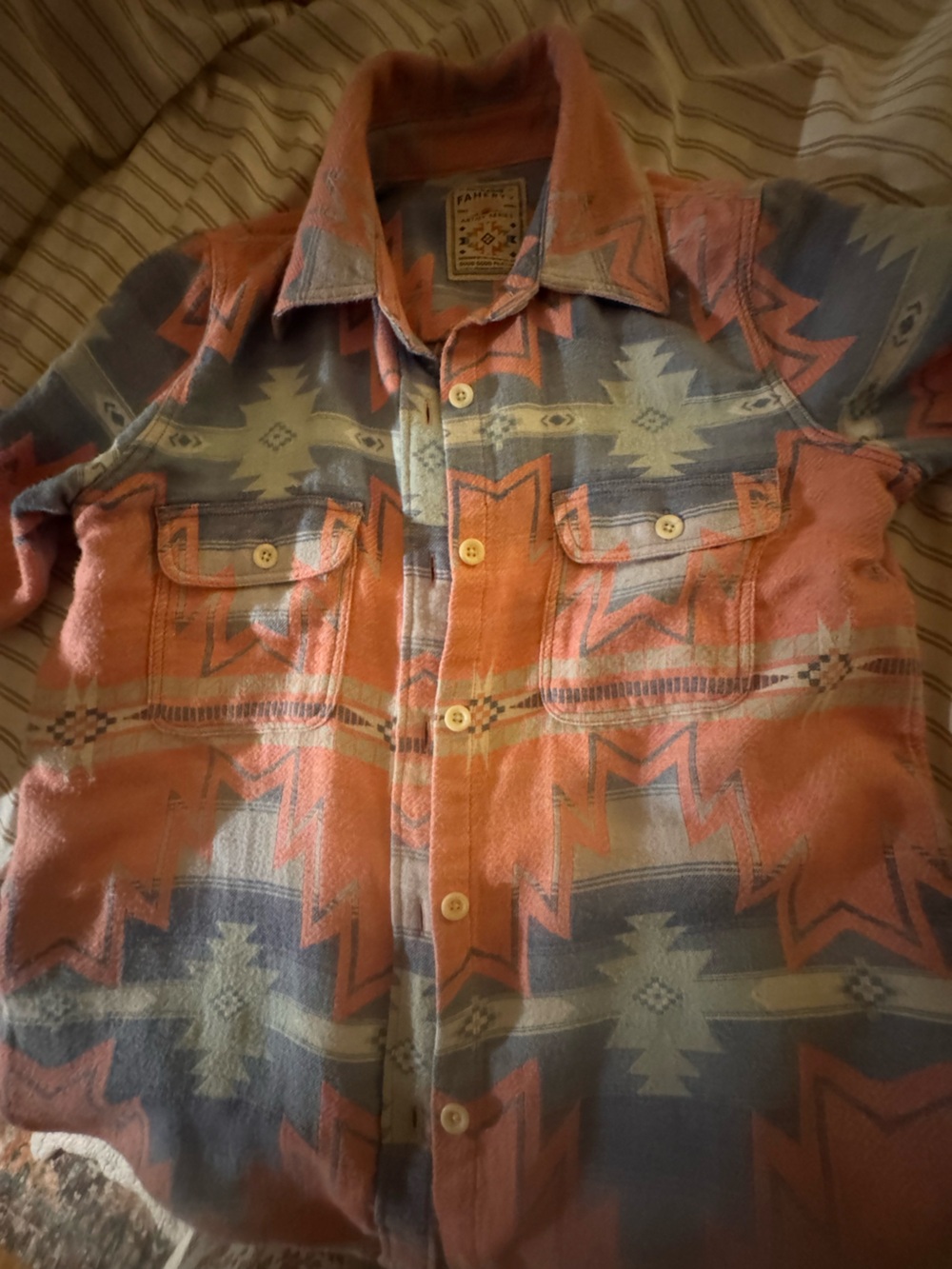 Faherty Aztec Artist Series Button-Up Jacket - Rust & Slate Blue - Picture 2 of 4